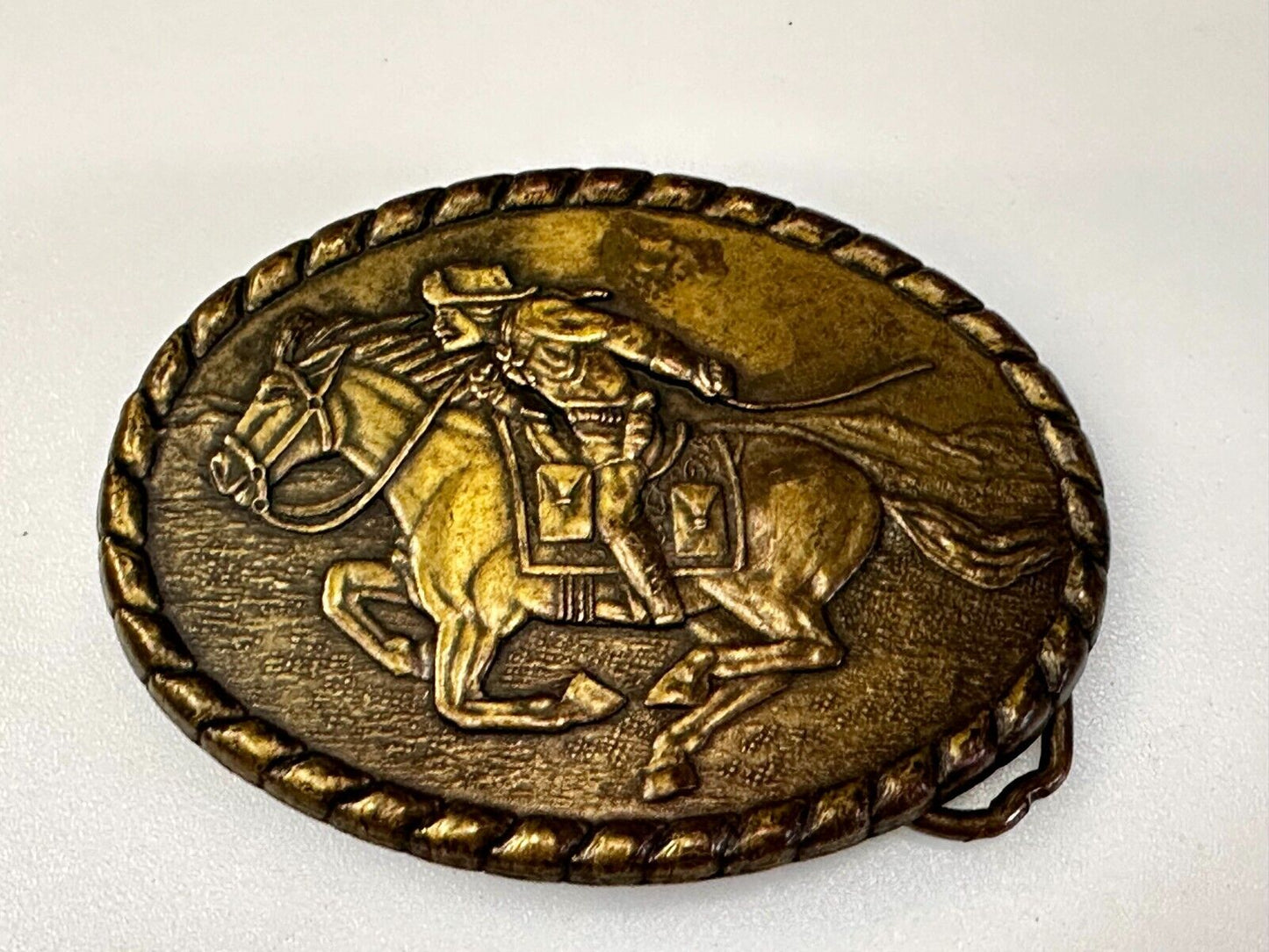 Vintage 1981 Pony Express Rider Mervyn's Commemorative Brass Tone Belt Buckle