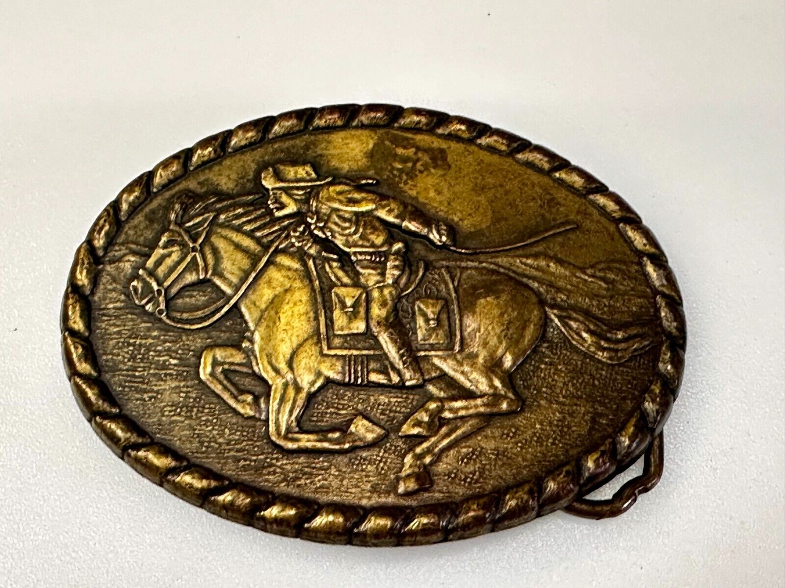 Vintage 1981 Pony Express Rider Mervyn's Commemorative Brass Tone Belt Buckle