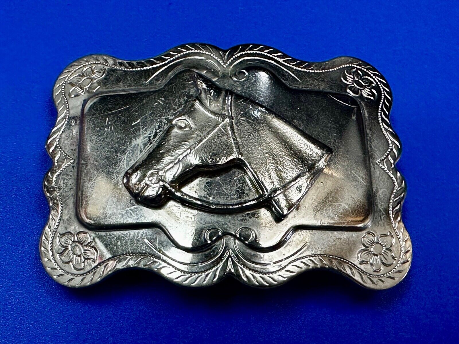Vintage Horse Head Bust silver tone Floral Engraved Belt Buckle