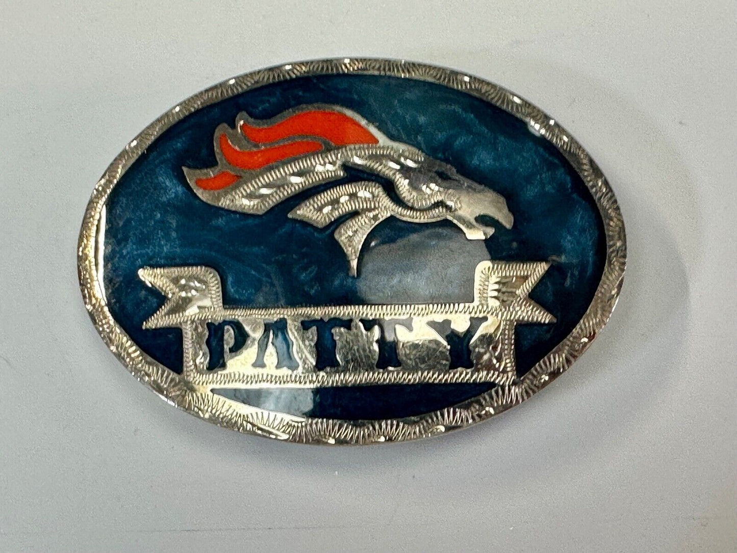 Artisan Custom Name PATTY ribbon - enamel inlaid Mustang race horse belt buckle