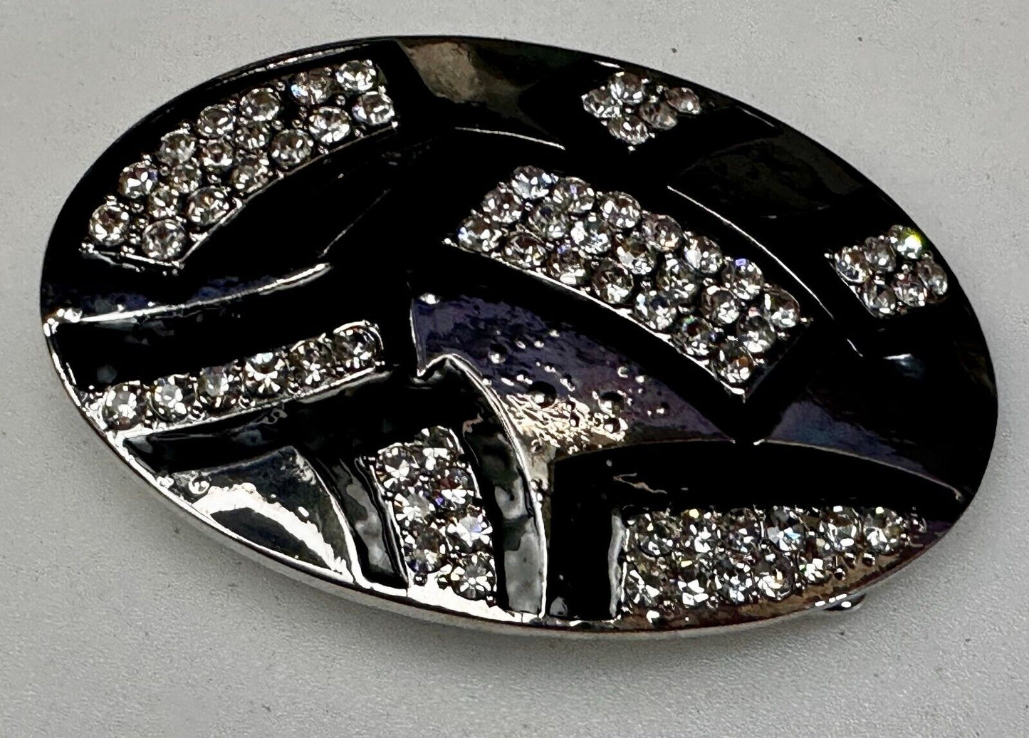 Unique Rhinestone Accented Black & Silver Tone Women's Oval Belt Buckle