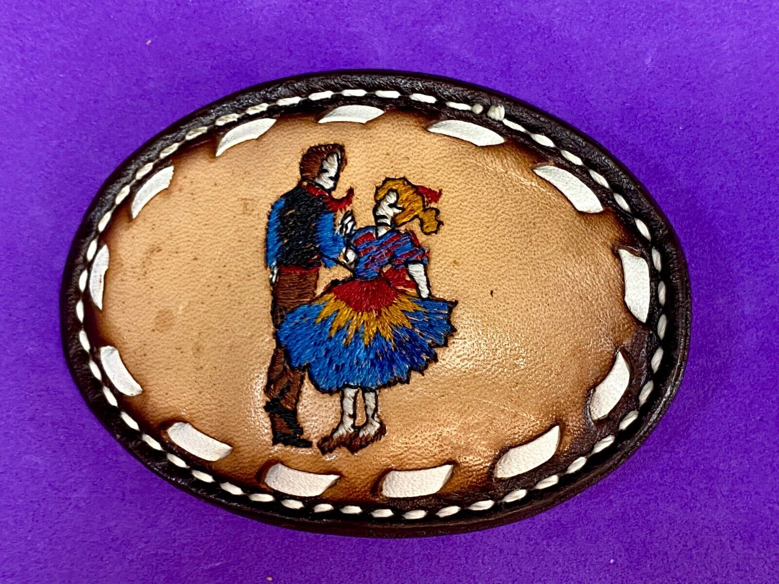 Vintage Cardat leather belt buckle with Country and Western Couple Dancing 