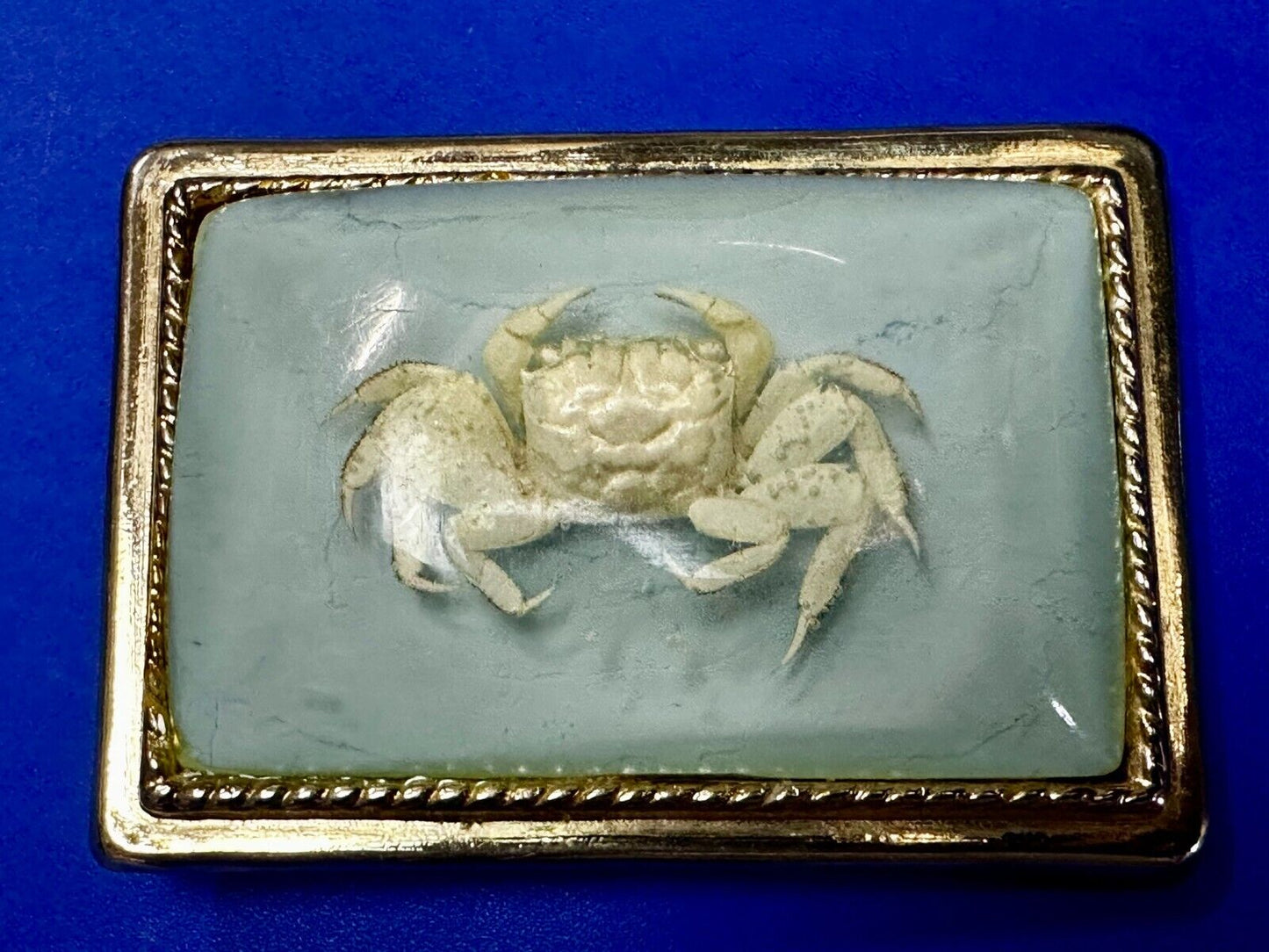 White Fiddler Crab Encased in Clear Enamel Vintage Gold tone Belt Buckle