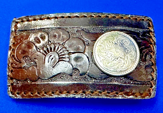 Vintage Brown Leather Floral Theme Artisan Belt Buckle Marked CMK W6MK