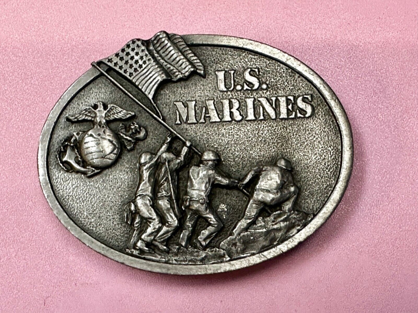 United States Marines Patriotic Raising Flag Vintage 1982 Bergamot Belt Buckle