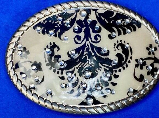 Vintage blue and cream colored wallpaper flower pattern belt buckle 