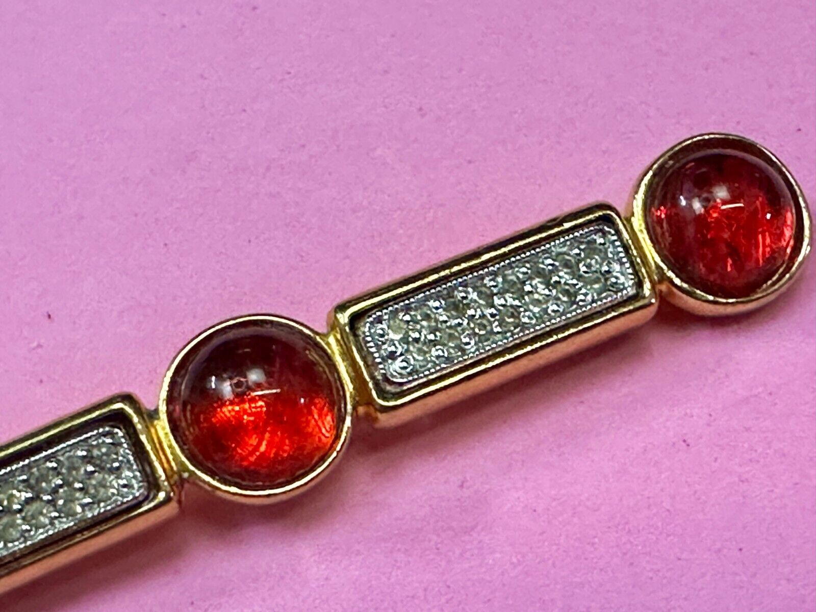 Three Red Round Glass? Vintage Gold Tone Bar Brooch Pin Signed by Ben-Amun