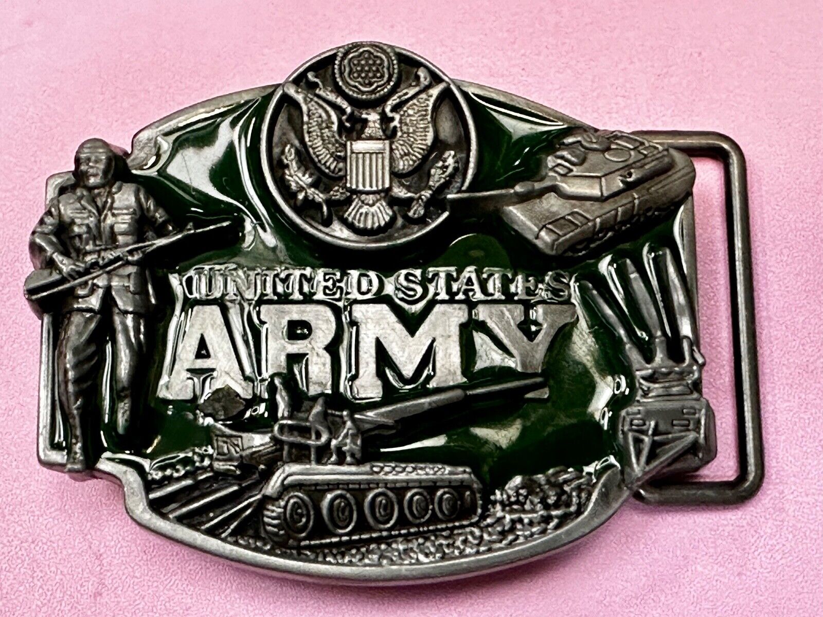 United States Army - Dimensional Patriotic Soldier Tank Cameo Green Belt Buckle