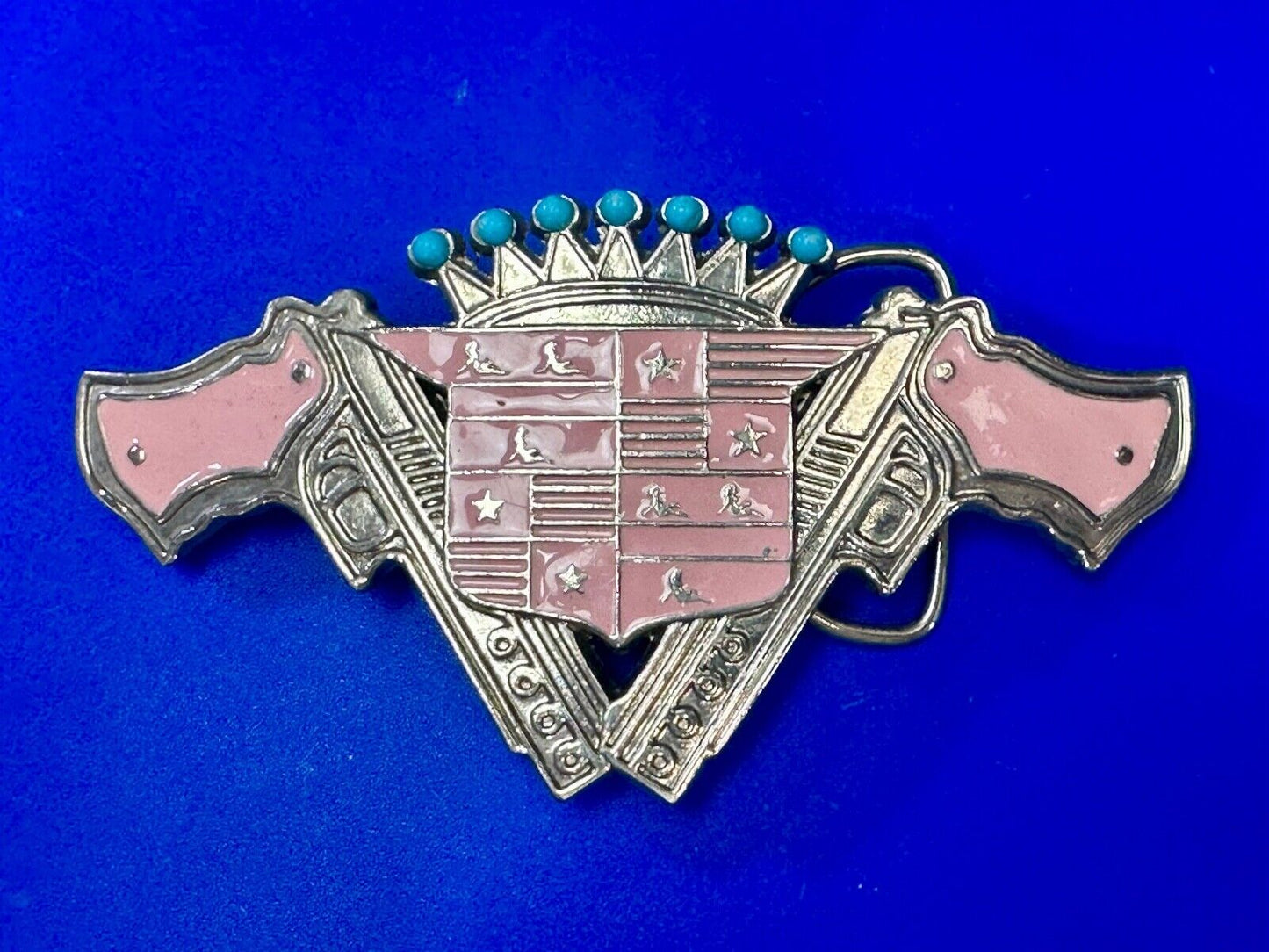 90's Pink Guns Cadillac Crown Blue crown tips LARGE cutout Belt Buckle 187 Inc