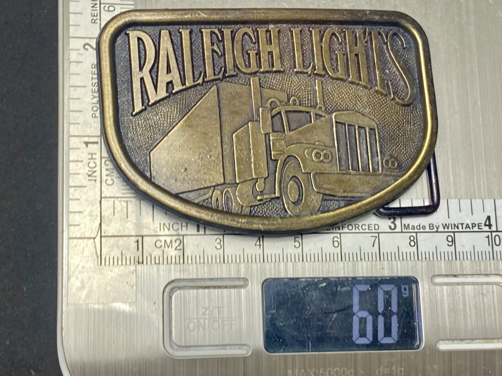 1970s Vintage Raleigh Lights Semi Truck Trucker Brass Tone Belt Buckle by RJ