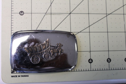 Vintage belt buckle, Made in USA, Conestoga covered wagon and horses