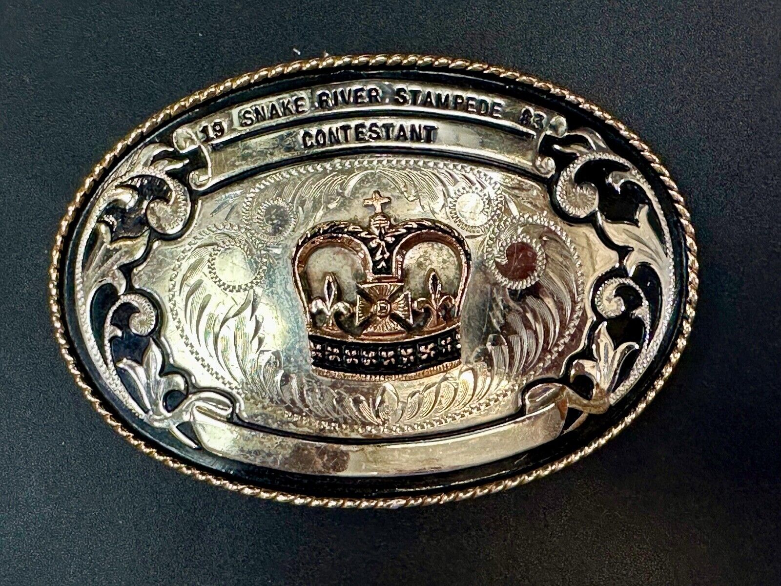 1983 Snake River Stampede Rodeo Idaho Trophy Comstock German Silver belt buckle