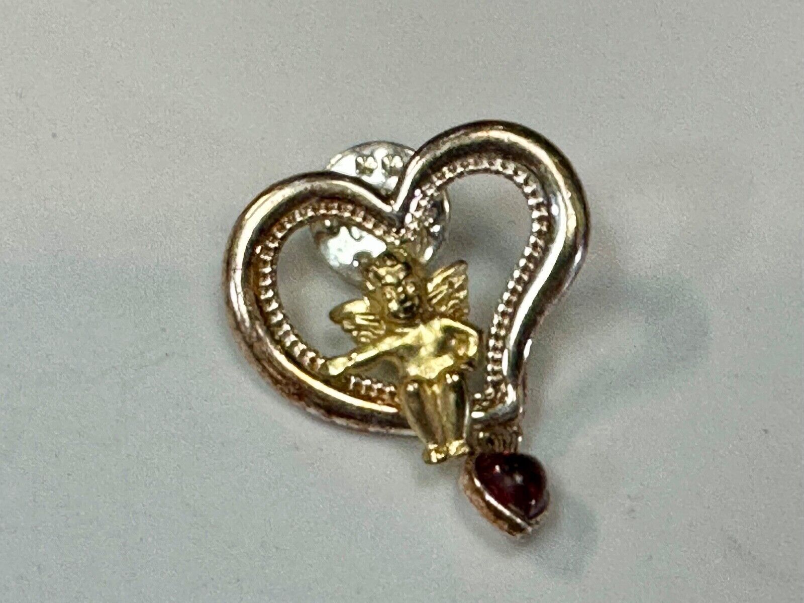 Angle Sitting in Heart Shaped Brooch pin with red heart dangle charm
