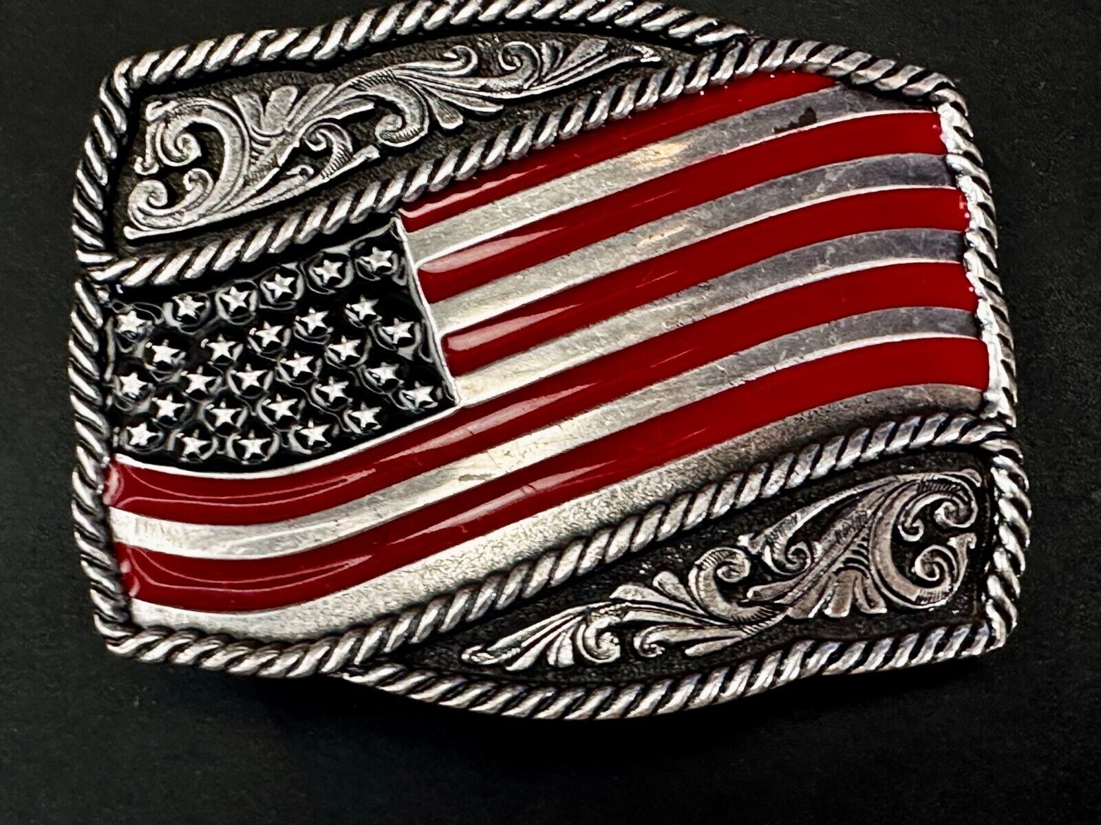 Patriotic American Flag USA Flower Swirl Western Belt Buckle Montana Silversmith