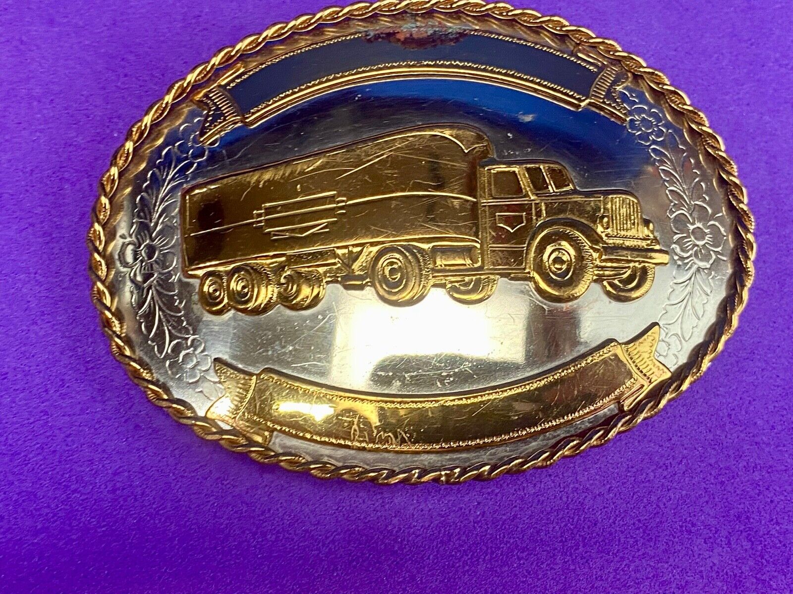 Vintage German silver Semi Driver Big Rig blank award ribbon scroll belt buckle 