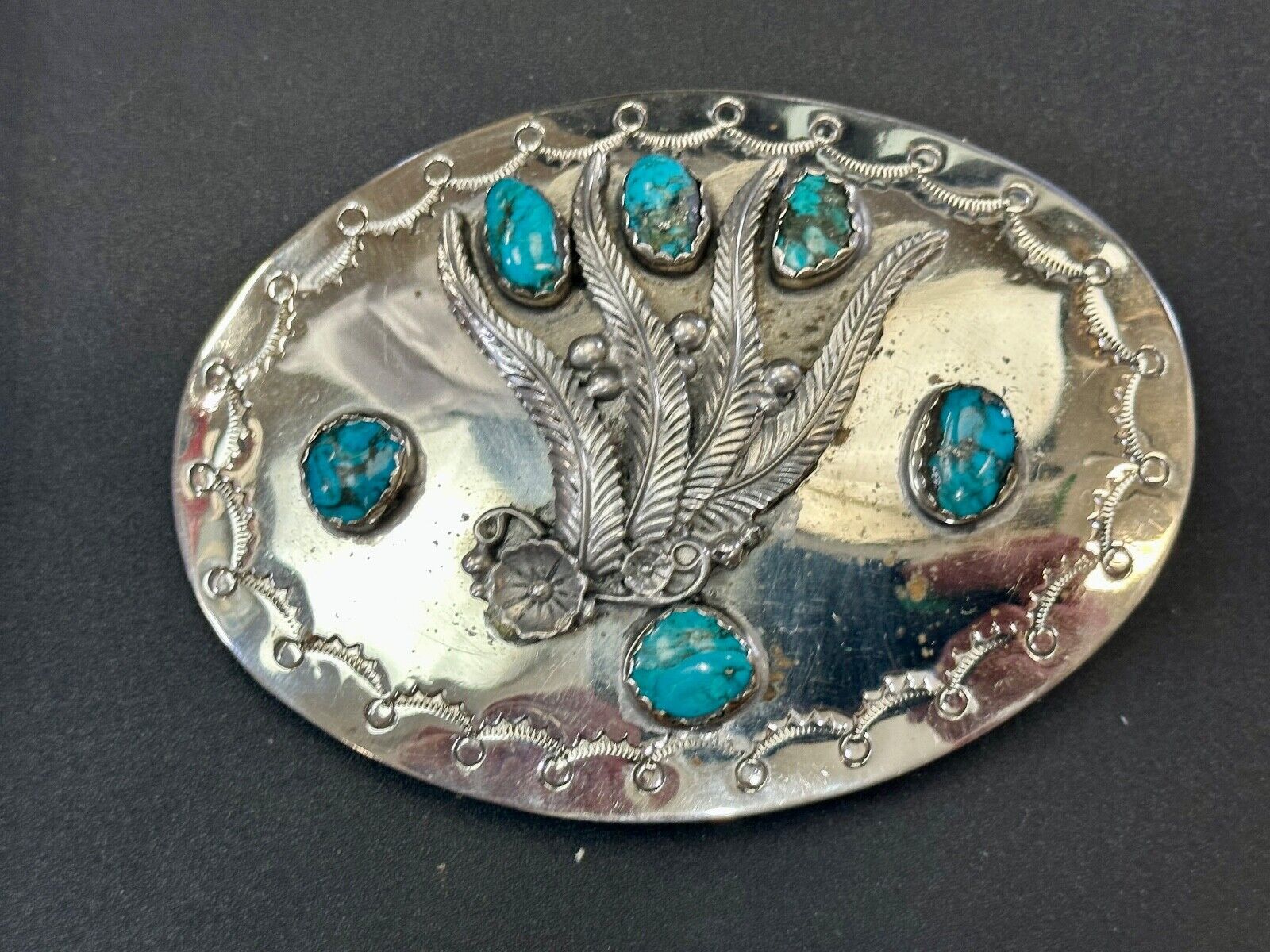 Unique 1980 signed multipal turquoise stones & Feathers belt buckle