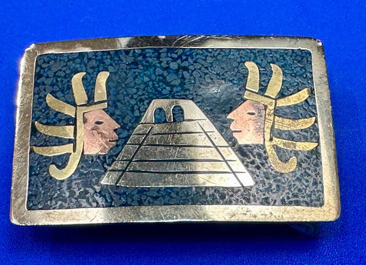 Aztec Mayan Temple Pyramid Figures Vintage Inlay belt buckle made in Mexico
