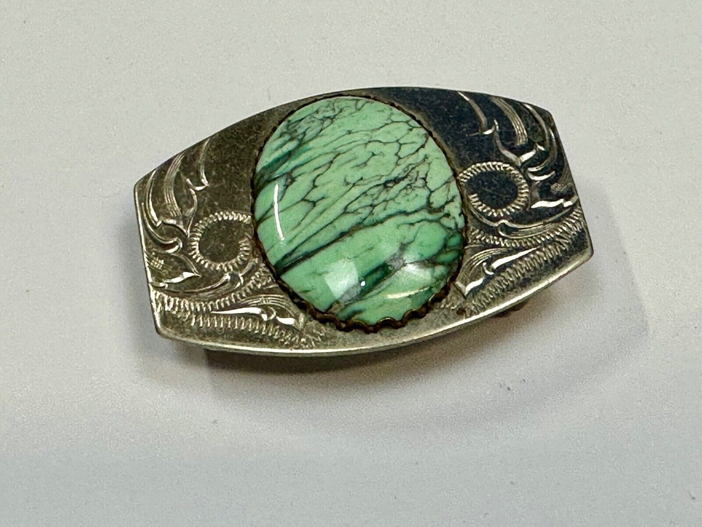 Variscite? Green  Gem Stone Cabochon Centerpiece on Nickel Silver Belt Buckle