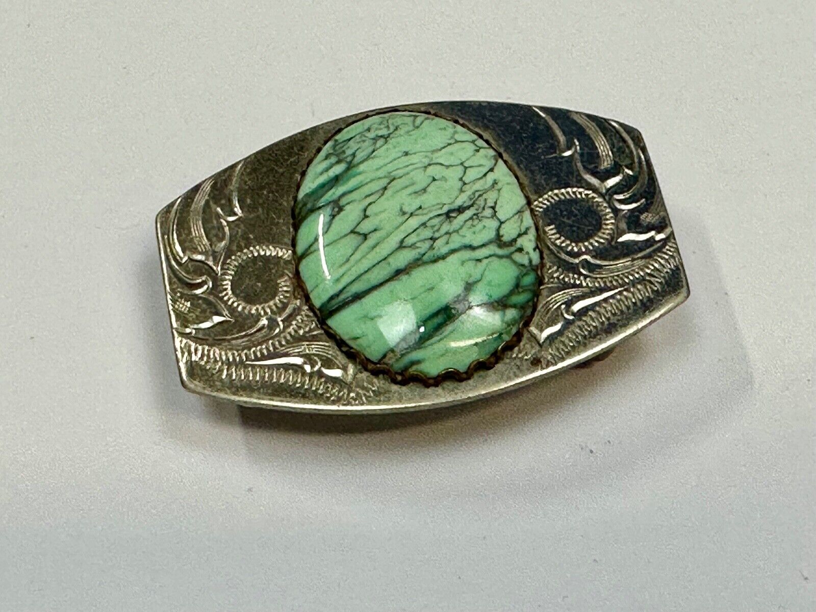 Variscite? Green  Gem Stone Cabochon Centerpiece on Nickel Silver Belt Buckle
