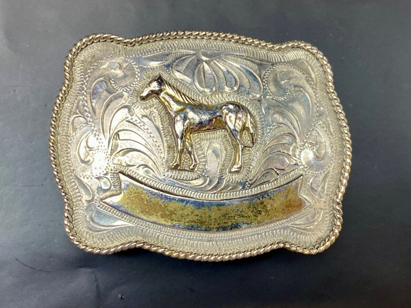 Vintage HORSE western Justin Boot Company belt buckle with Award Ribbon