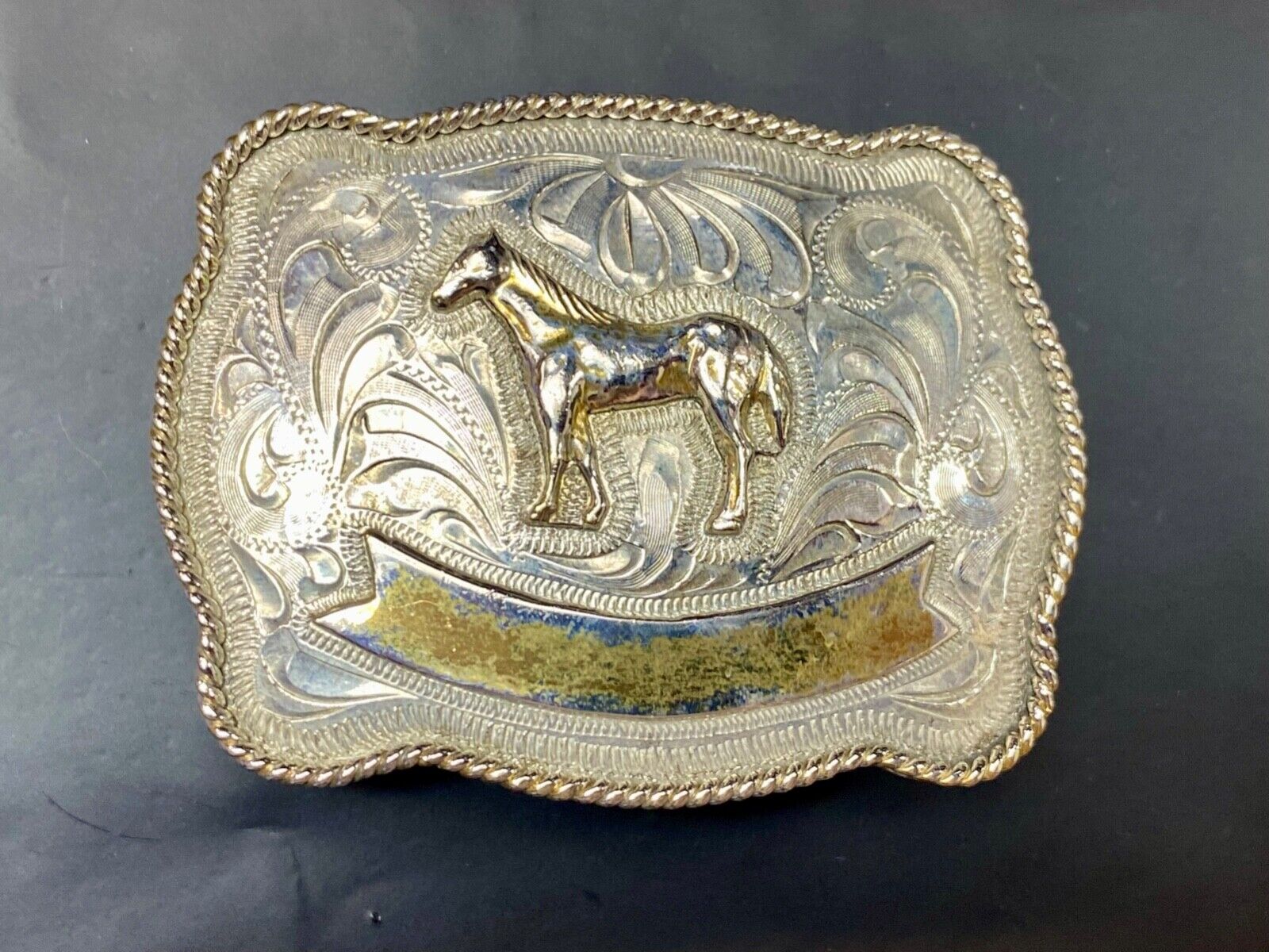 Vintage HORSE western Justin Boot Company belt buckle with Award Ribbon