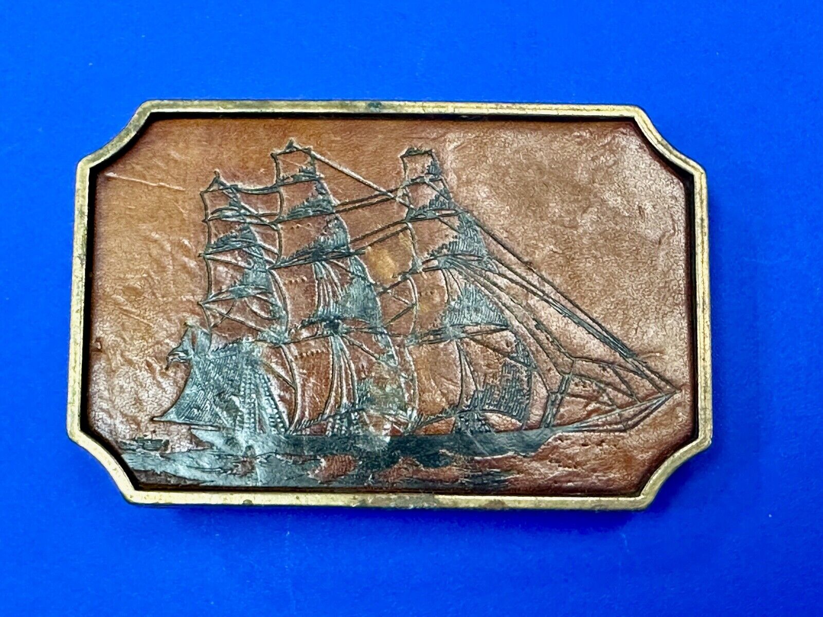 Three mast Sail Boat Ship Nautical theme leather and solid brass BTS belt buckle