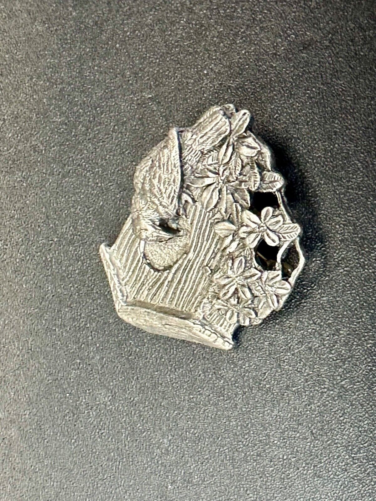 Bird flying to birdhouse - vintage birds and blooms pewter pin