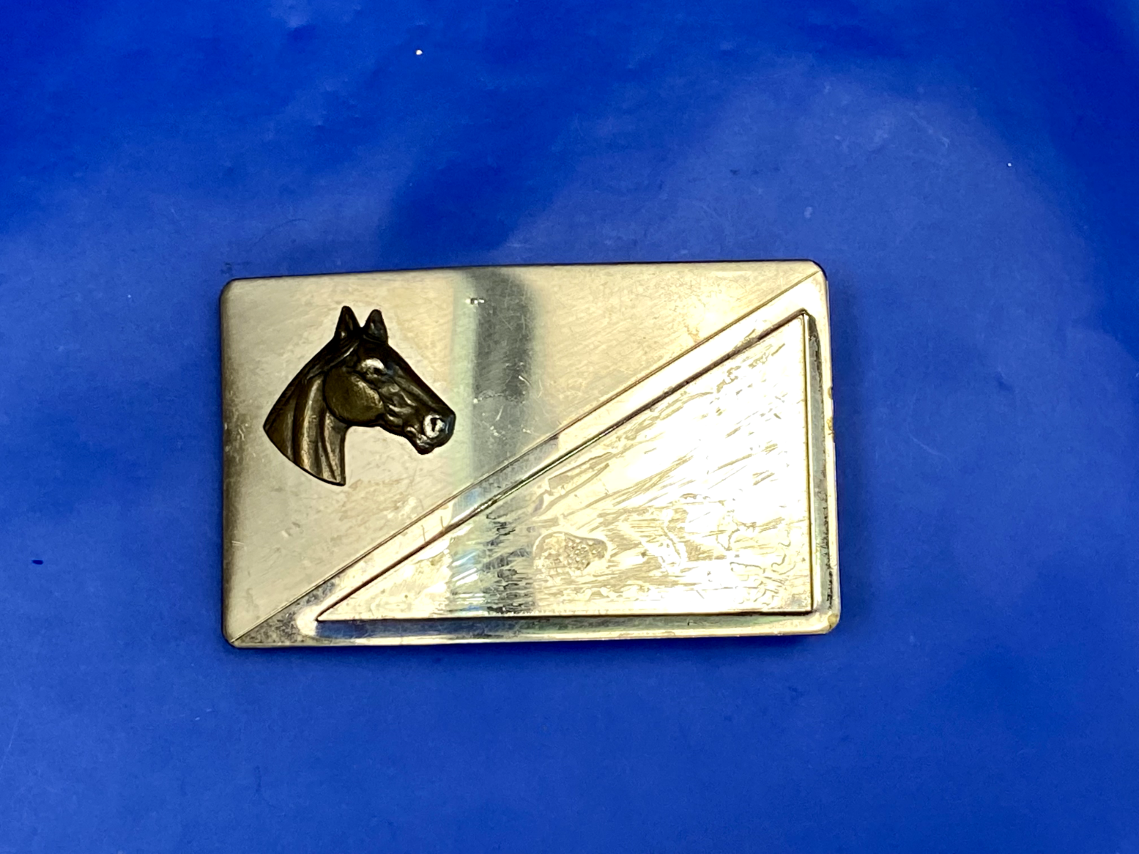 Vintage Horse Head On Nickel Silver Rectangular Belt Buckle