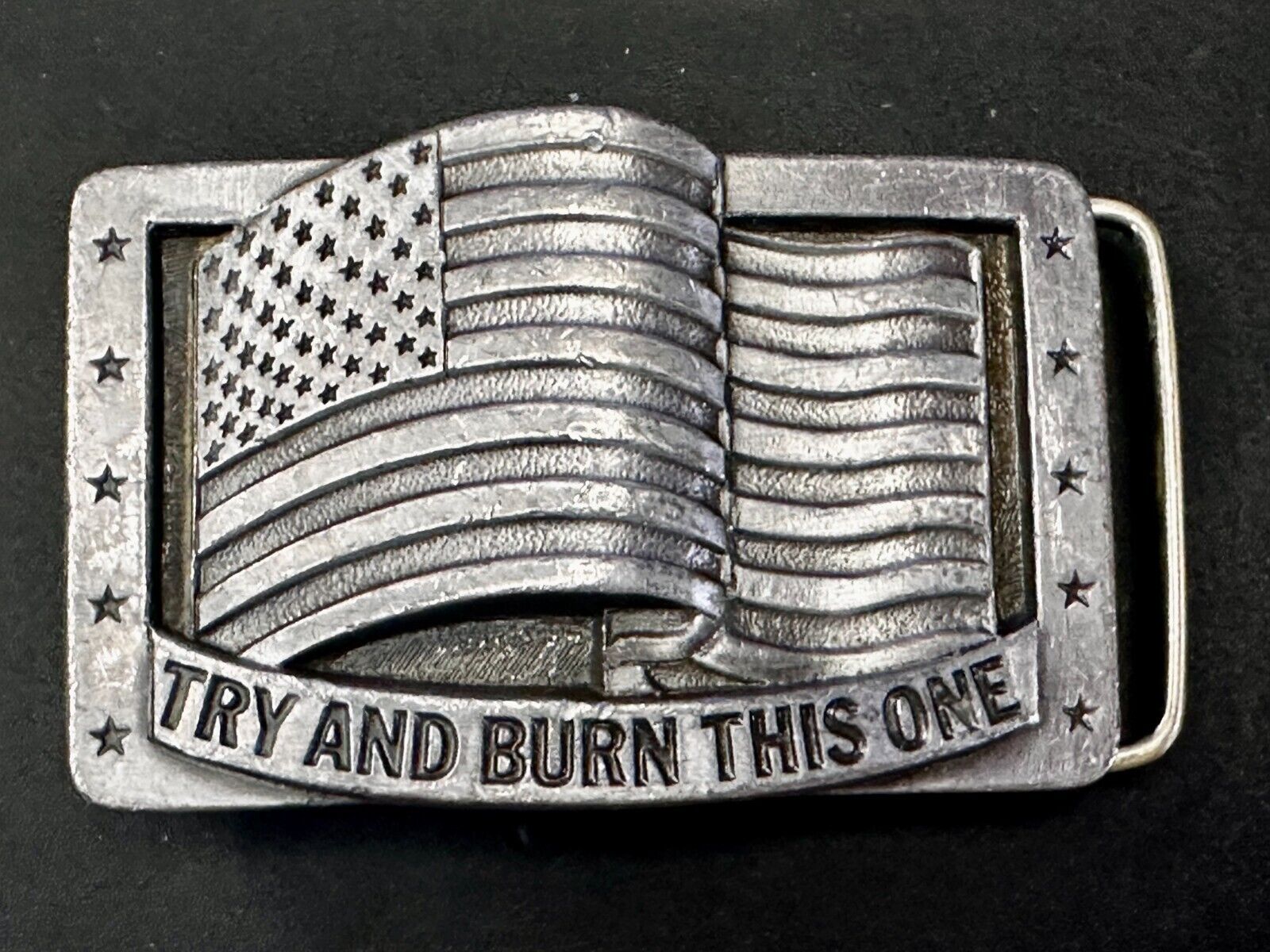 Try And Burn This One Patriotic American Flag USA Vintage 1990 Belt Buckle by CJ