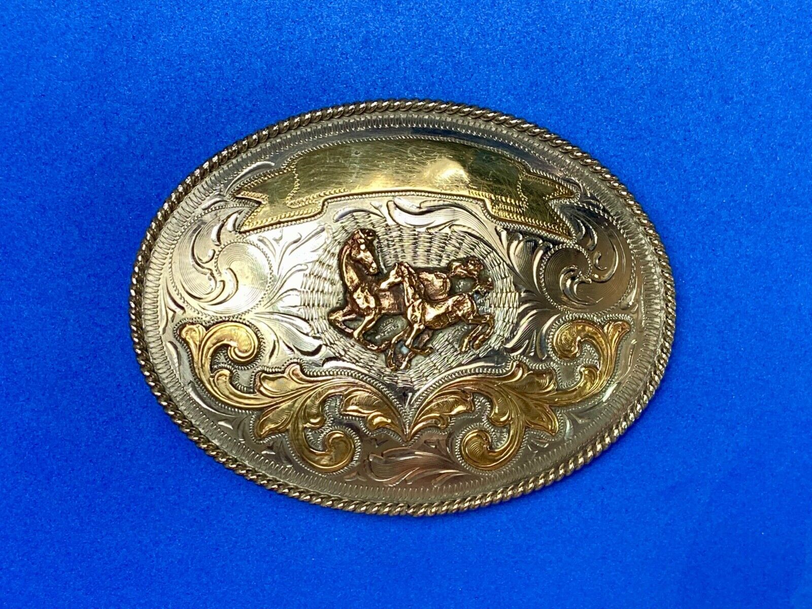 5" wide! Alpaca Mexico stamped wild mustangs horses running wild belt buckle