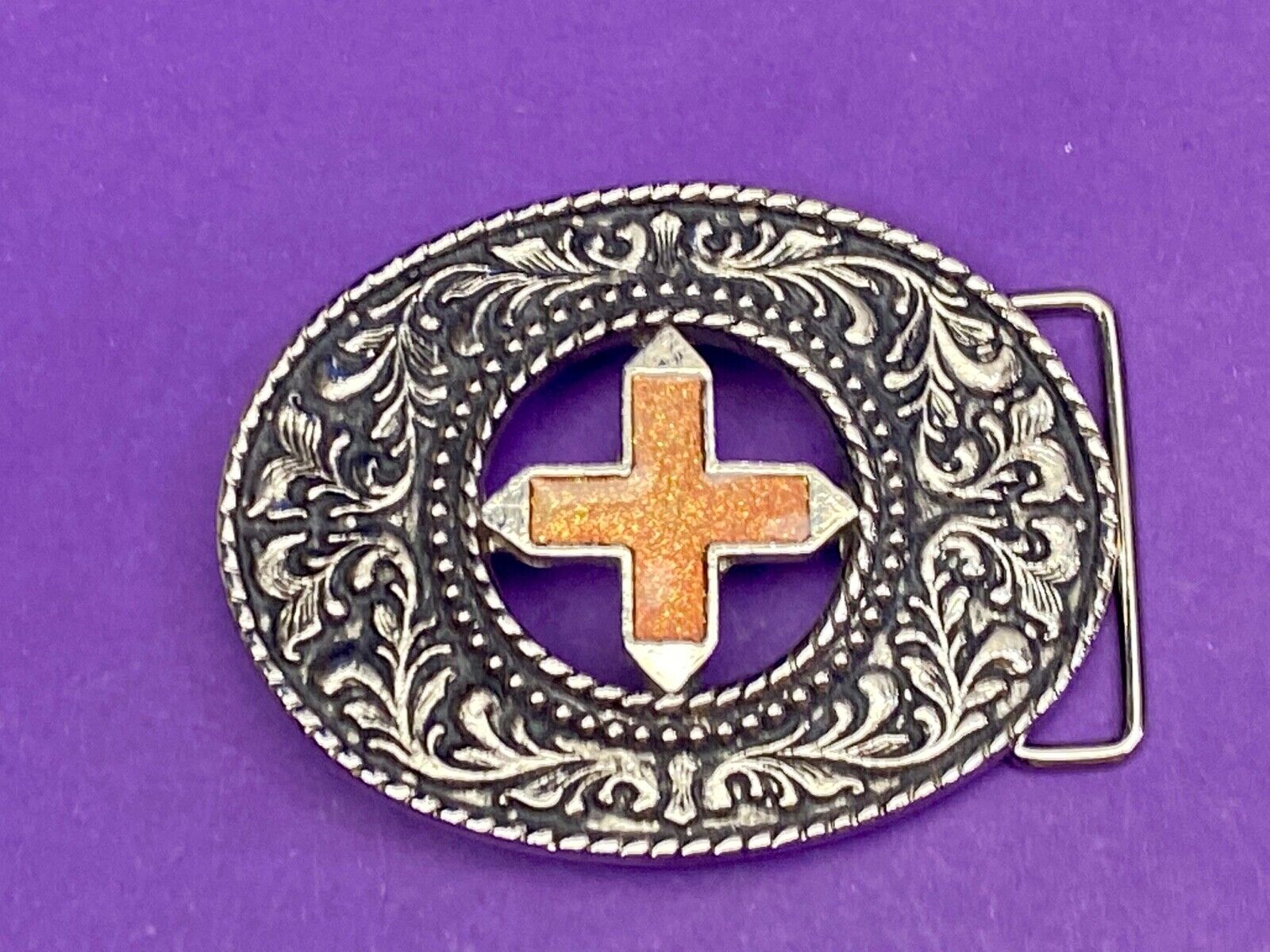 Beautiful See Through Cross Centered In Western Flower Swirl Metal Belt Buckle 