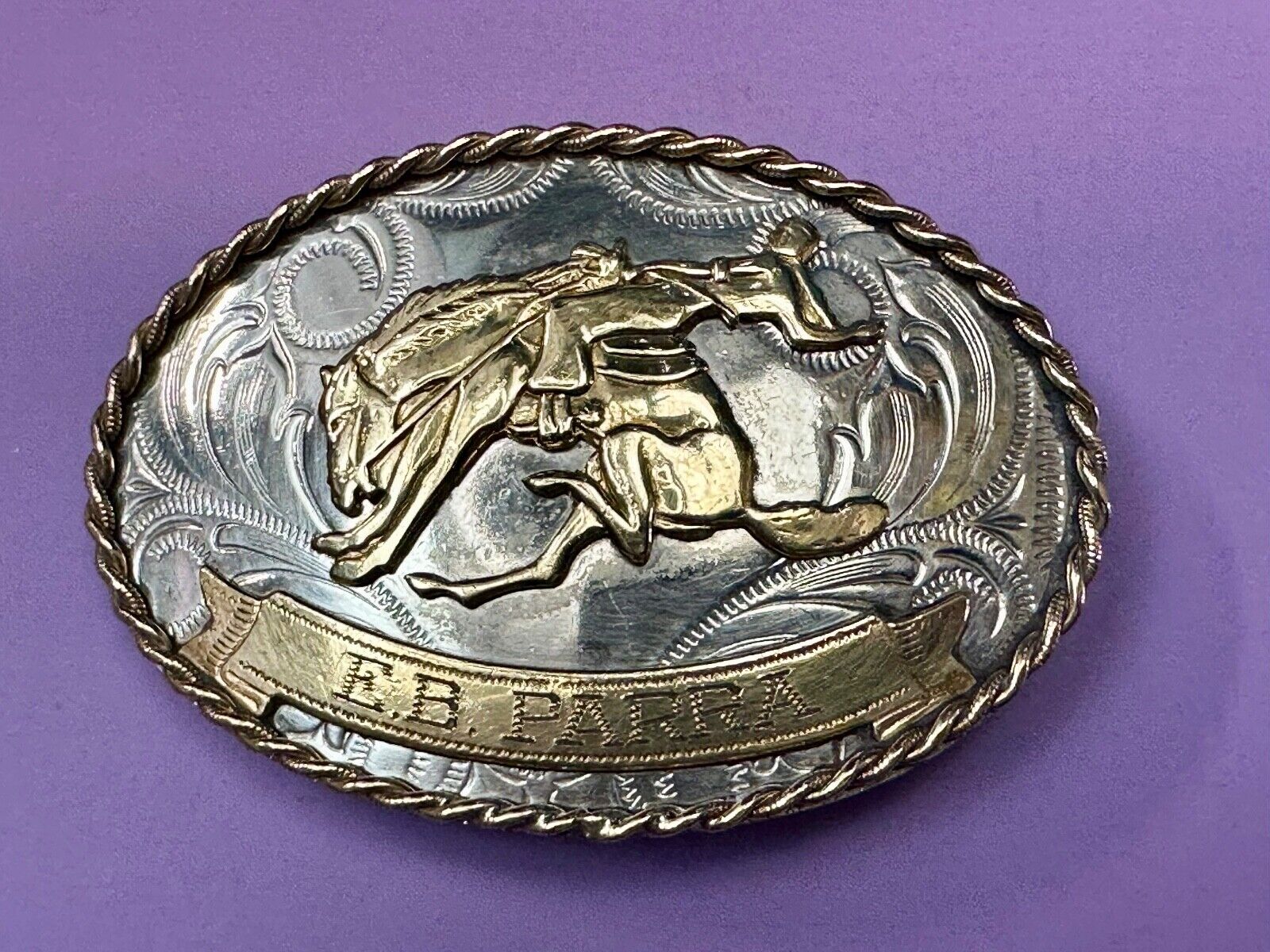 Vintage German Silver Bucking Saddle Bronc Western Cowboy Engraved belt buckle