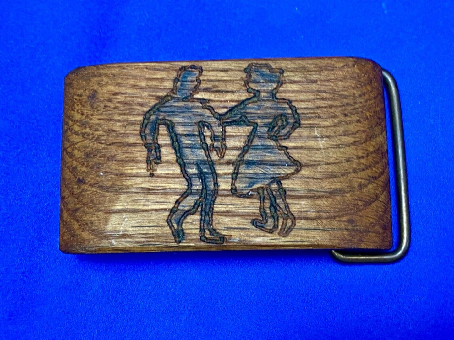 Artisan country line square Dancing Couple burned into wood grain belt buckle