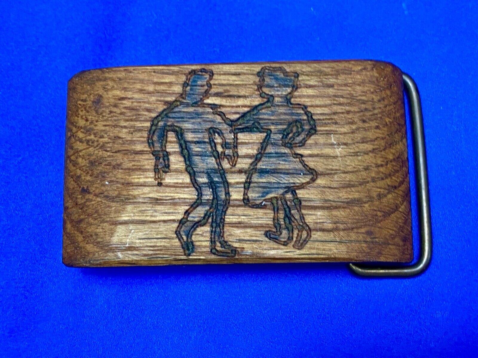 Artisan country line square Dancing Couple burned into wood grain belt buckle