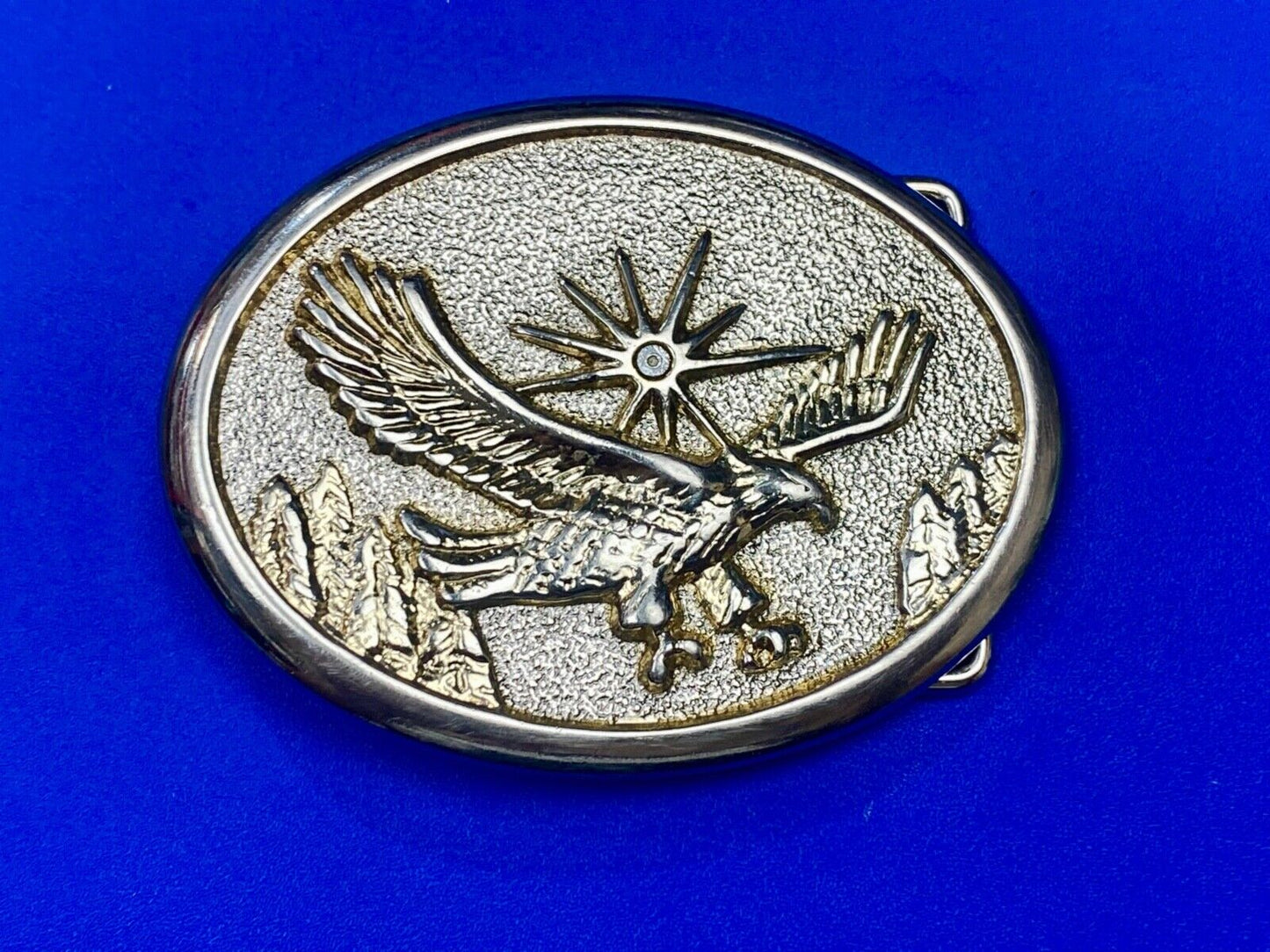 Vintage Eagle Flying Over Mountains With Sunburst two tone belt buckle