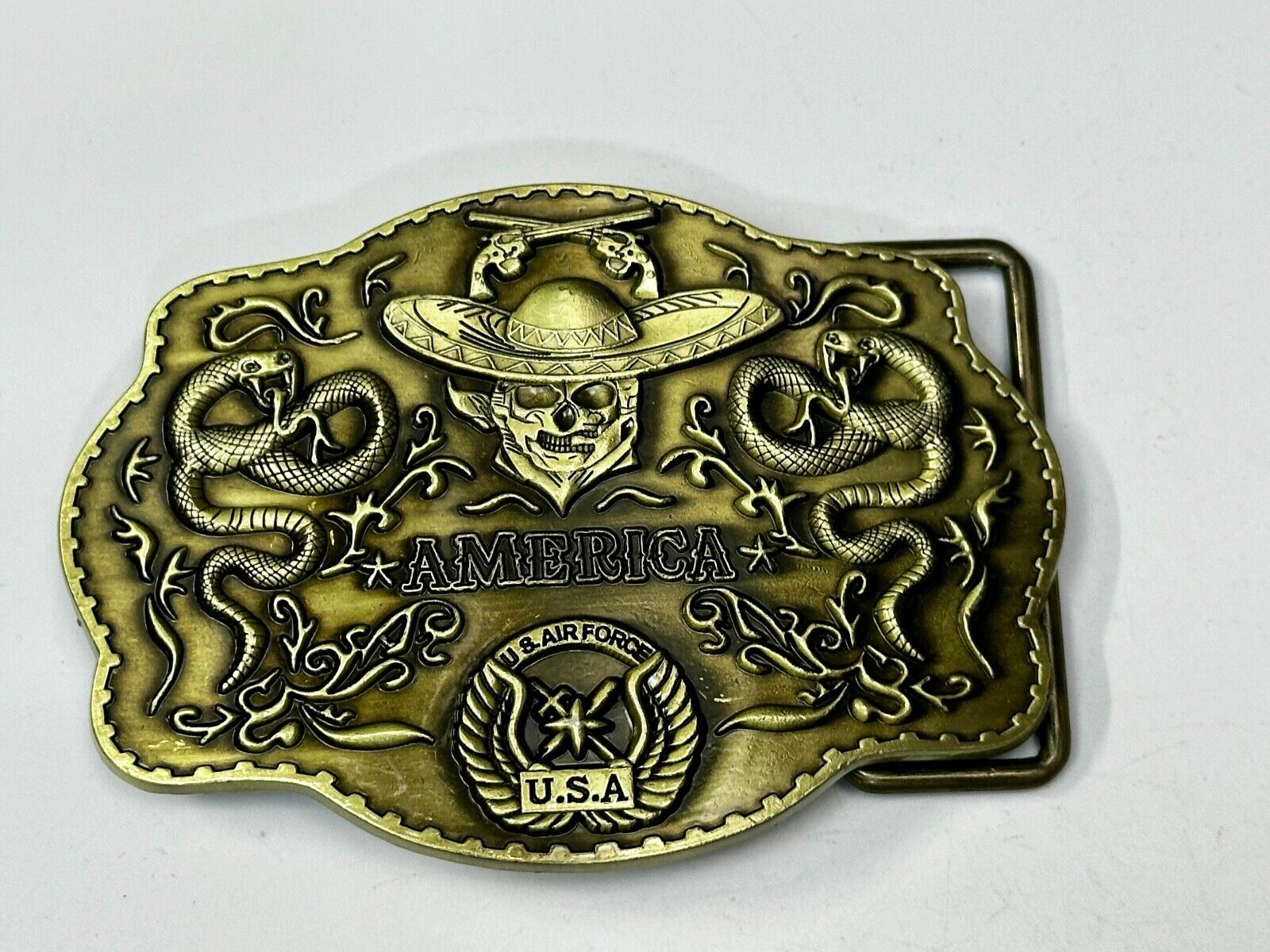 Air Force - America Skull in Cowboy Hat, Crossed Guns, Snakes, Eagle Belt Buckle