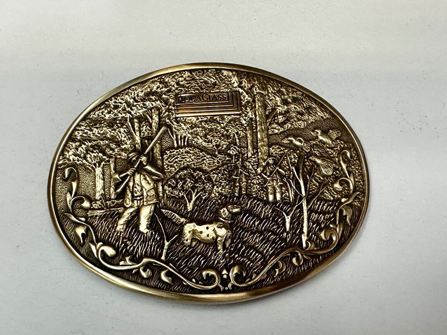 AQUAGLASS  10k Gold Emblem Hunting Dog OC Tanner Solid Brass Belt Buckle in case