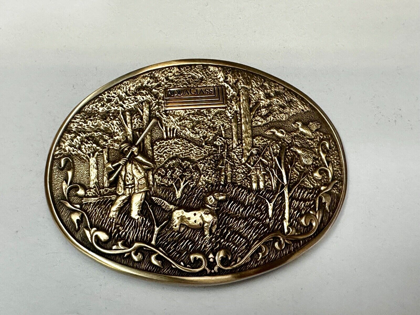 AQUAGLASS  10k Gold Emblem Hunting Dog OC Tanner Solid Brass Belt Buckle in case