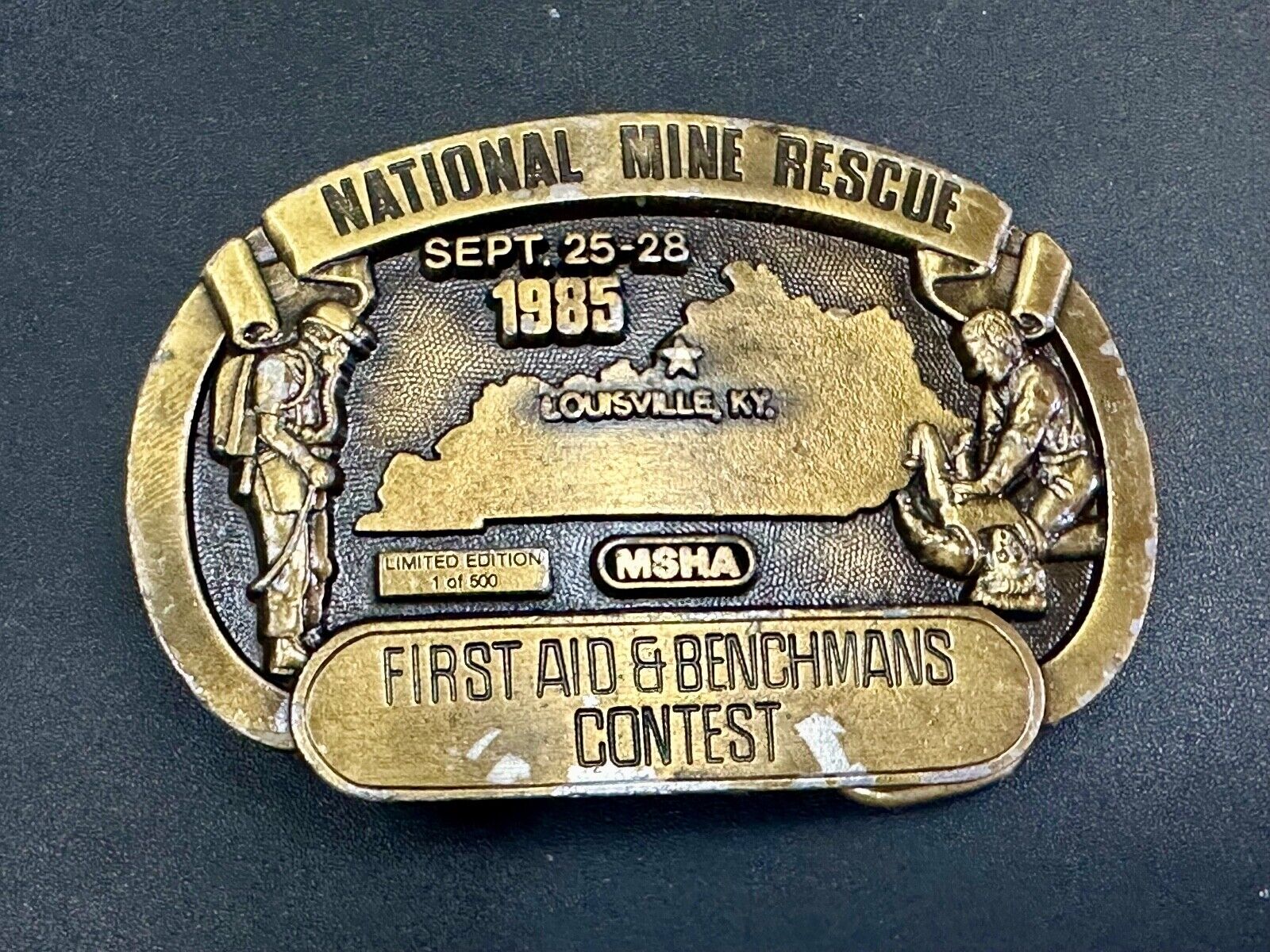 1985 National Mine Rescue Louisville KY MSHA First Aid contest belt buckle