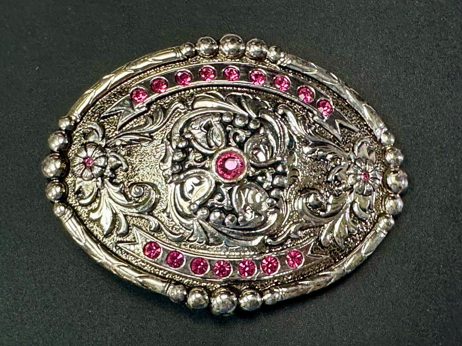 Authentic Silver Plated Pewter Belt Buckle With Cowgirls Girly Pink Rhinestones 