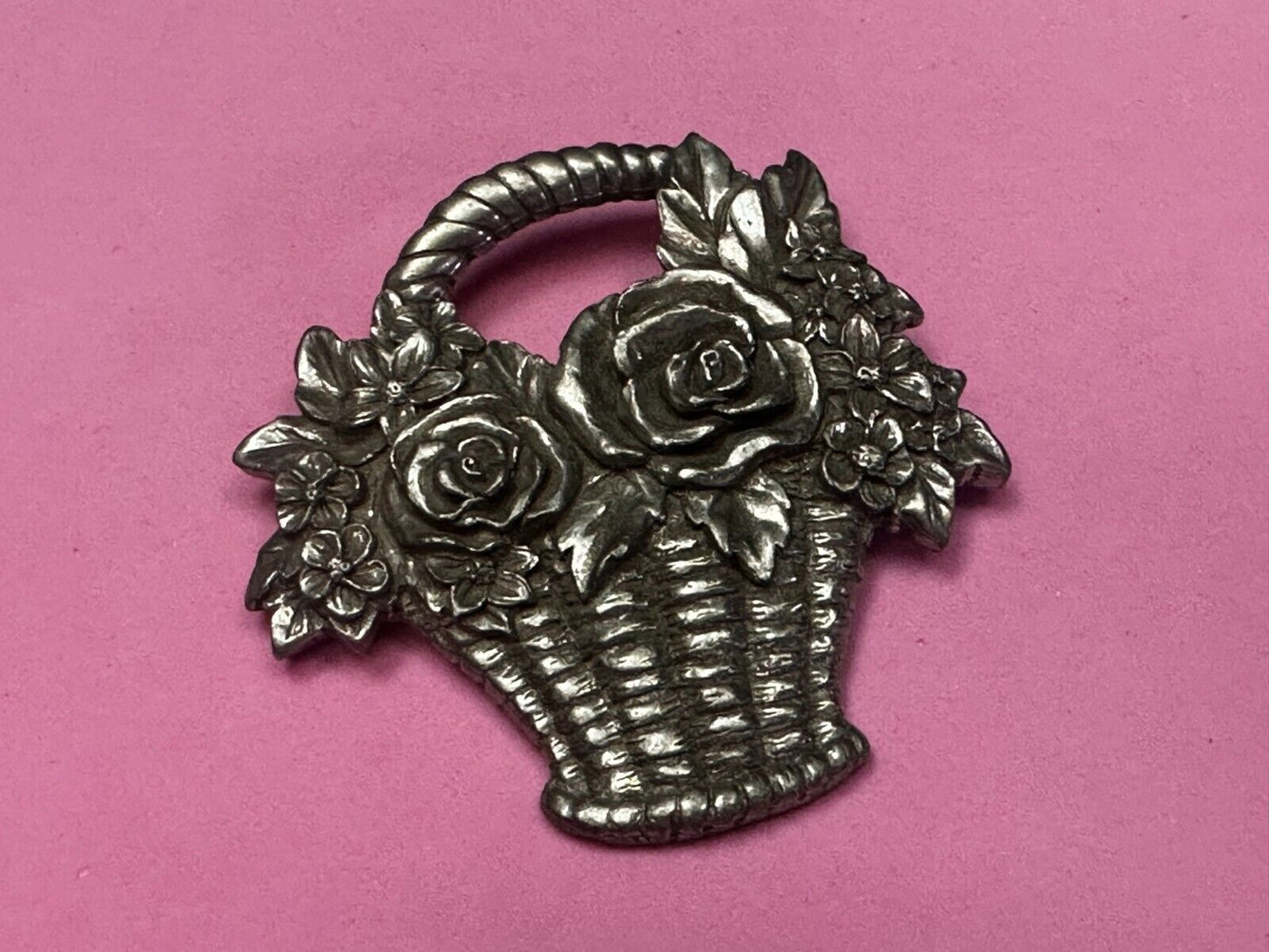 Vintage 1980's Flower Basket Floral Pewter Brooch Pin Signed Seagull Canada