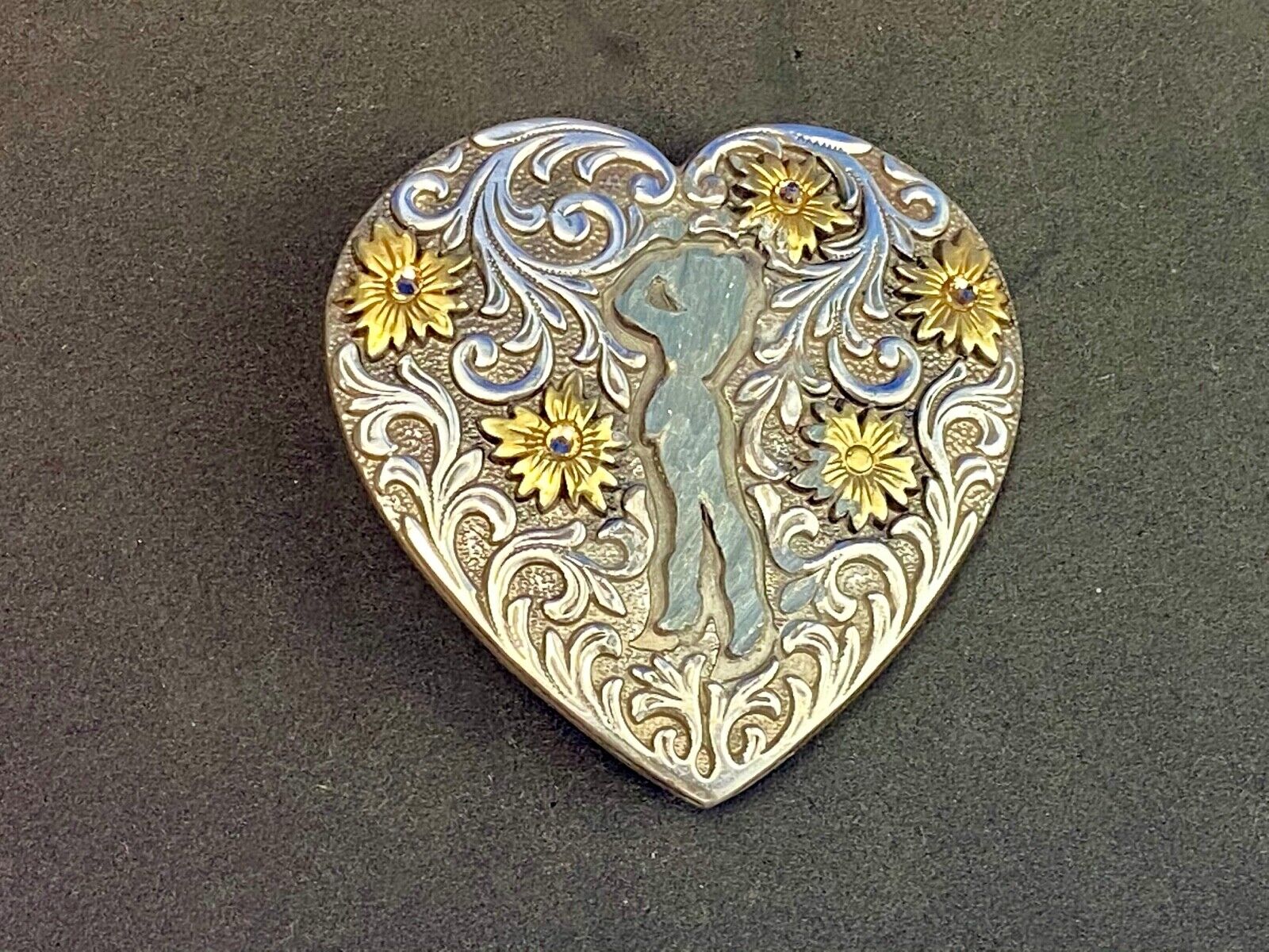2007 Ivan belt buckle  - Western HEART figure of cowgirl? w/ gold color accents 