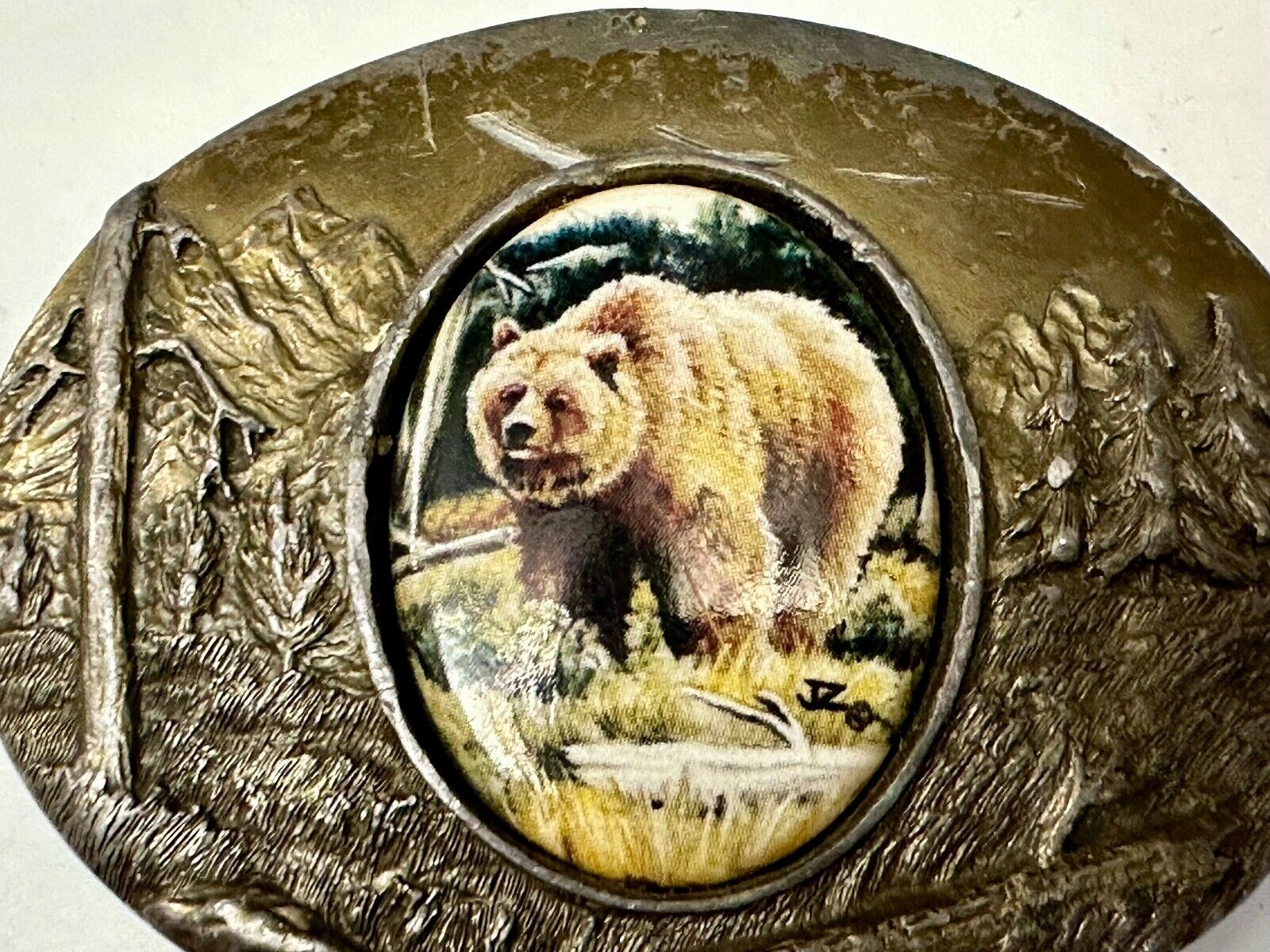 Bear Picture Art on Porcelain Cabochon Artist Julie Zsupnik Belt Buckle