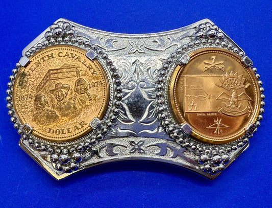 Two Seventh Cavalry Tokens Medallions in Dual Coin Collectors Belt Buckle