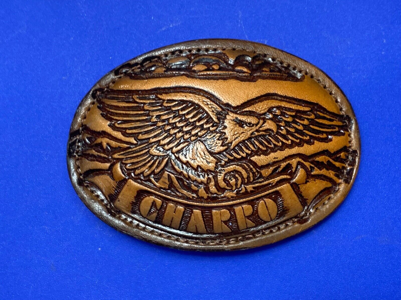 920 Charro - Hunting Eagle claws out - Vintage large oval leather belt buckle