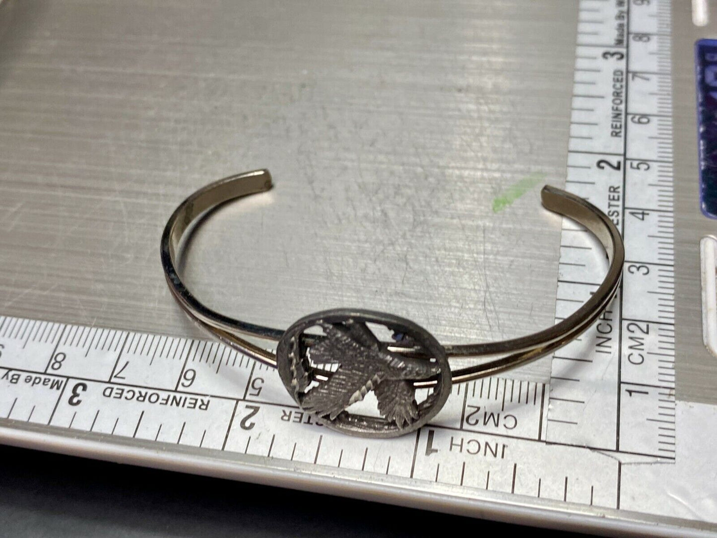 Vintage Flying Eagle & Feather Pewter Cuff Bracelet Detailed Signed Sisk    Jb25