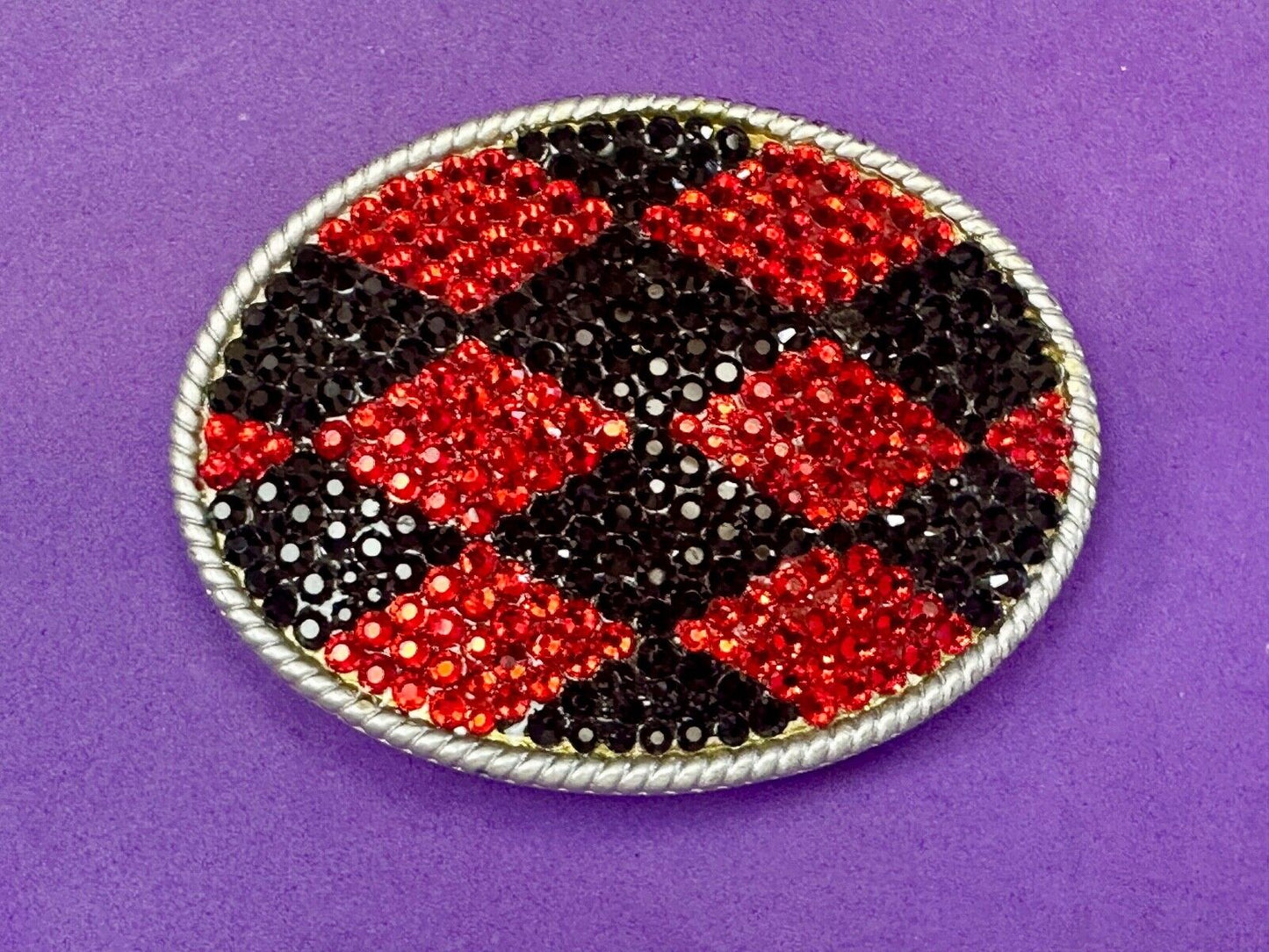Black &  Red rhinestone Checkerboard Diamond Jester 3.75" wide belt buckle