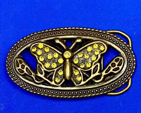 Beautiful Cut Out Butterfly - Yelloew Rhinestone Accented Brown Belt Buckle