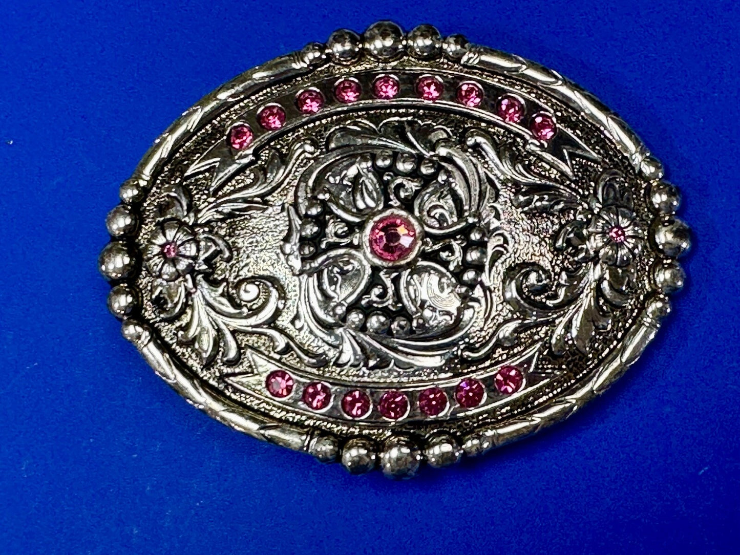 Authentic Silver Plated Pewter Belt Buckle With Cowgirls Girly Pink Rhinestones 