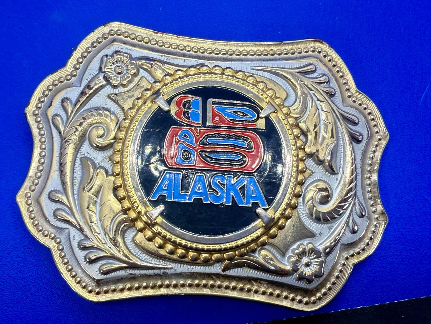 ALASKA Alaskan State Centerpiece on Gold Color Western Style Belt Buckle